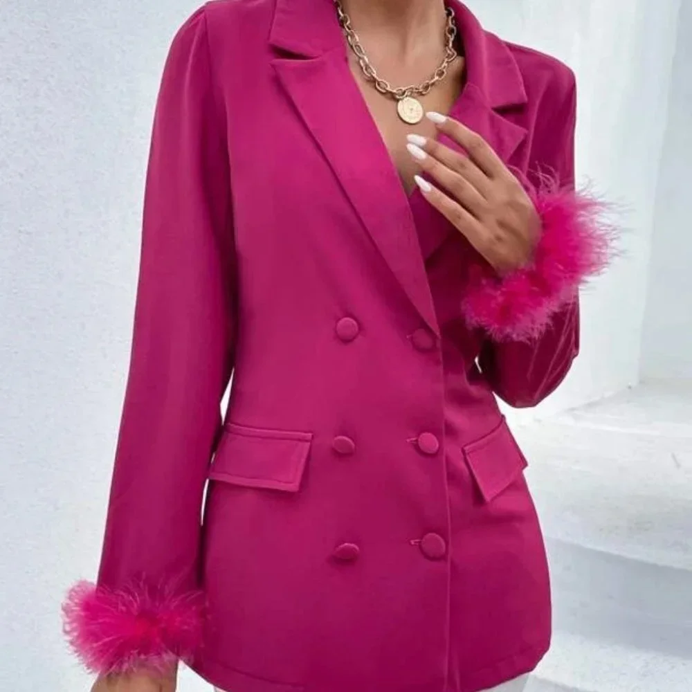 Fuschia Cuff Double Breasted Classic Feather Trimmed Blazer - Picture 2 of 6